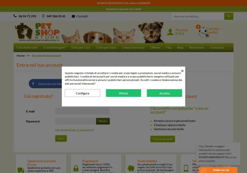 Schermata della pagina offerta di Pet Shop Store