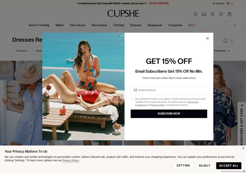 Schermata della pagina offerta di Cupshe