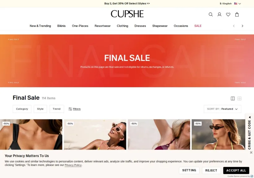 Schermata della pagina offerta di Cupshe