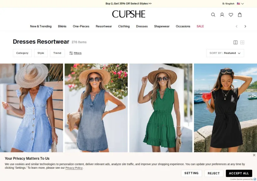 Schermata della pagina offerta di Cupshe