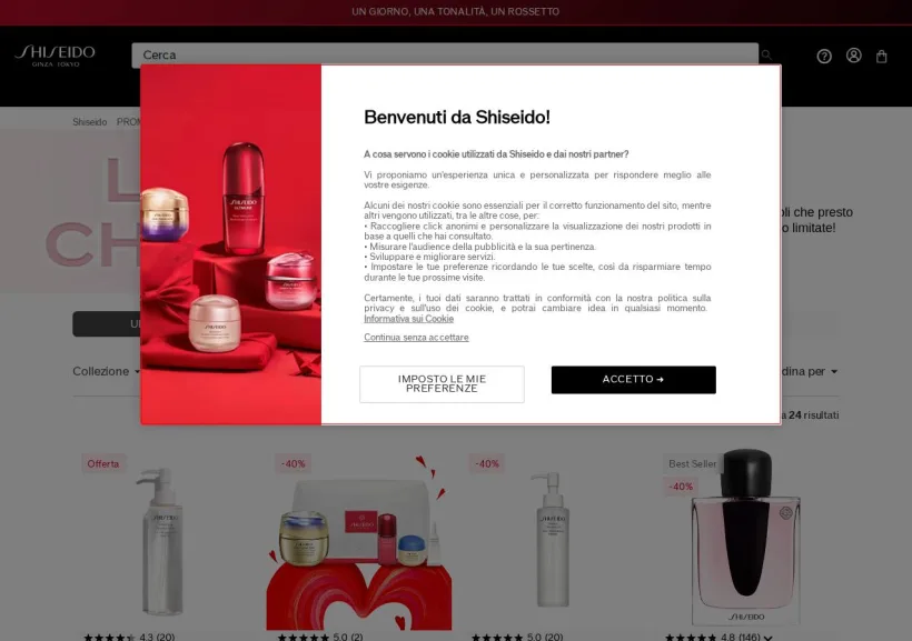 Schermata della pagina offerta di Shiseido