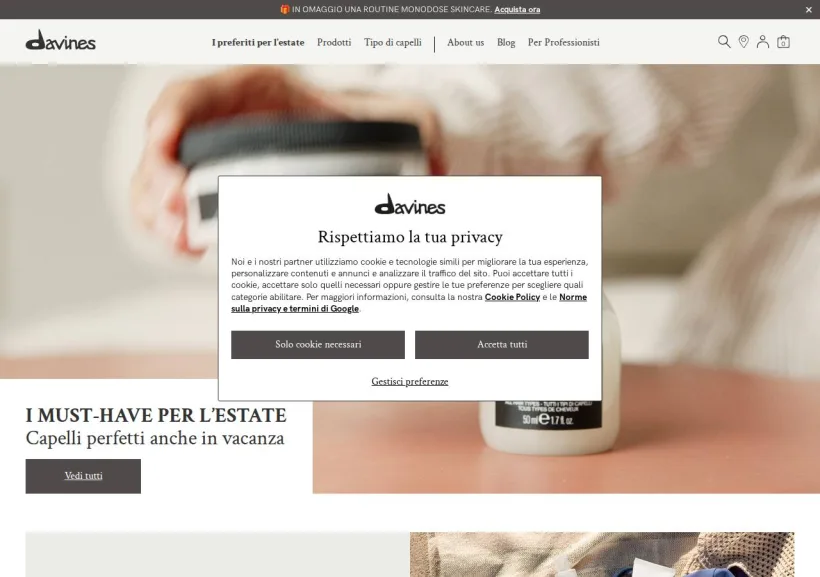 Schermata della pagina offerta di Davines