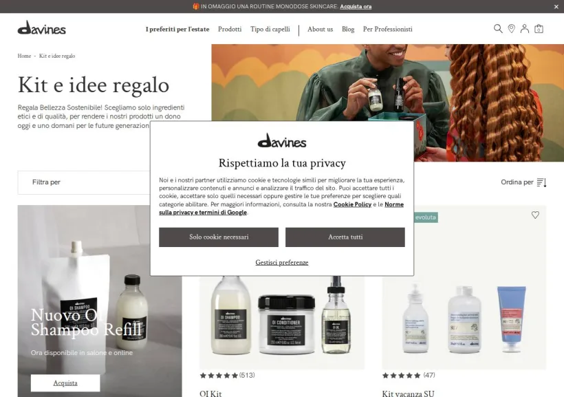 Schermata della pagina offerta di Davines