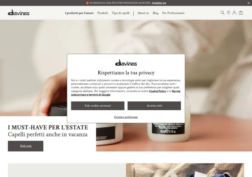 Schermata della pagina offerta di Davines