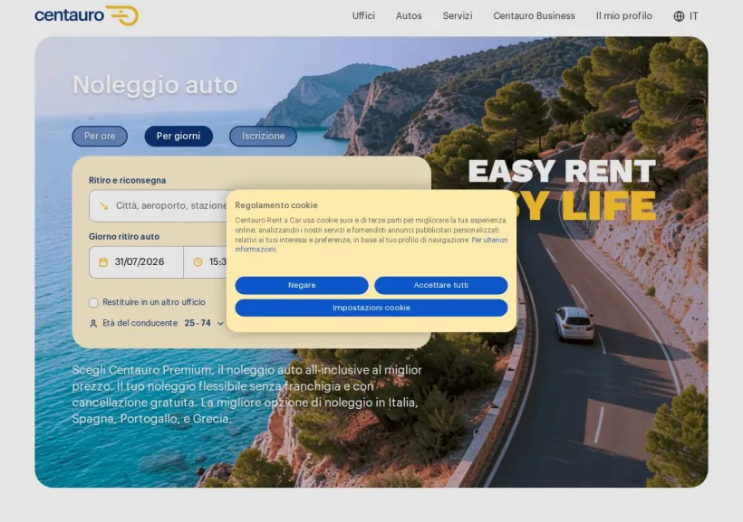 Schermata della pagina offerta di Centauro Rent a Car