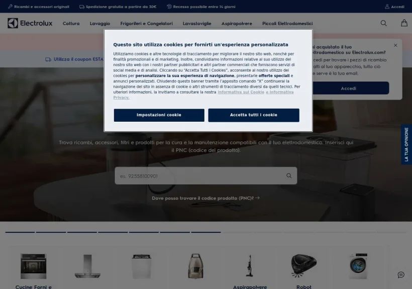 Schermata della pagina offerta di Shop Electrolux