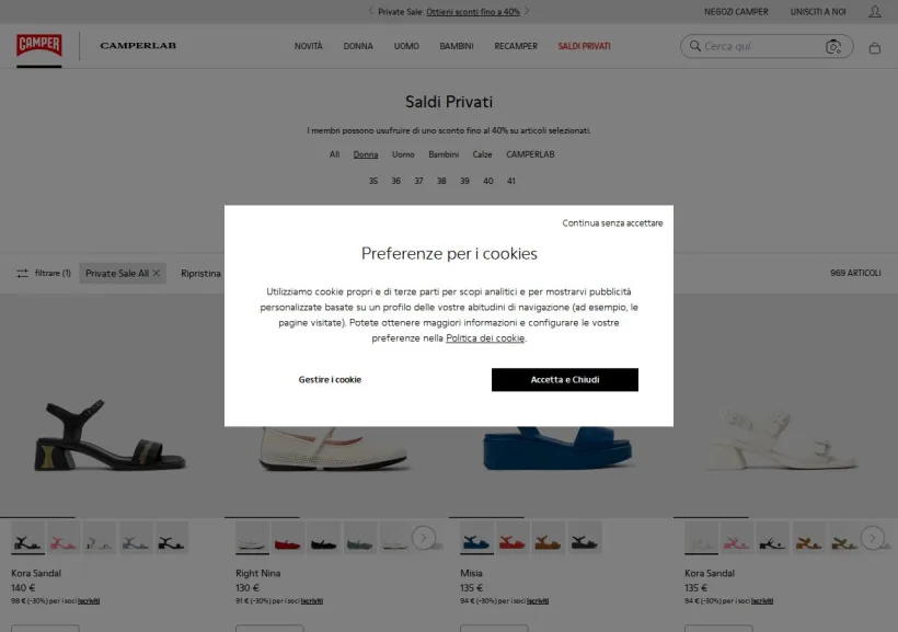 Schermata della pagina offerta di Camper