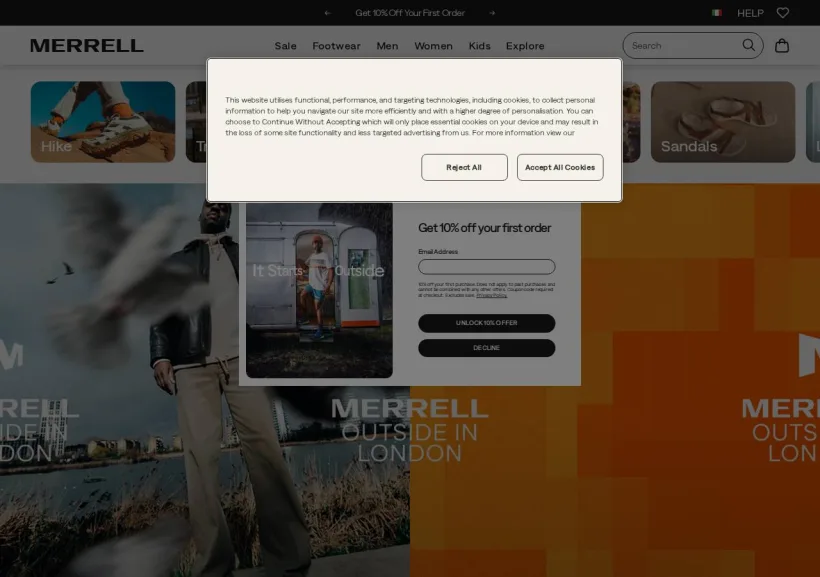 Schermata della pagina offerta di Merrell