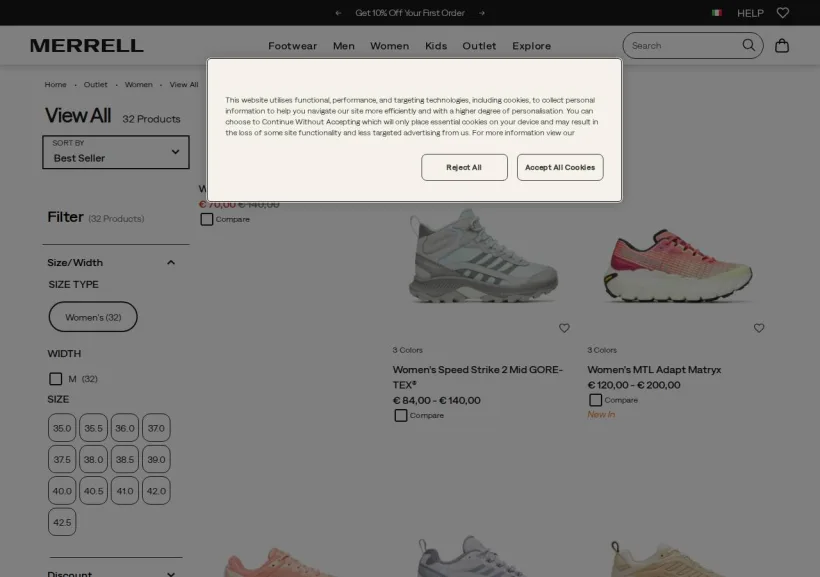 Schermata della pagina offerta di Merrell
