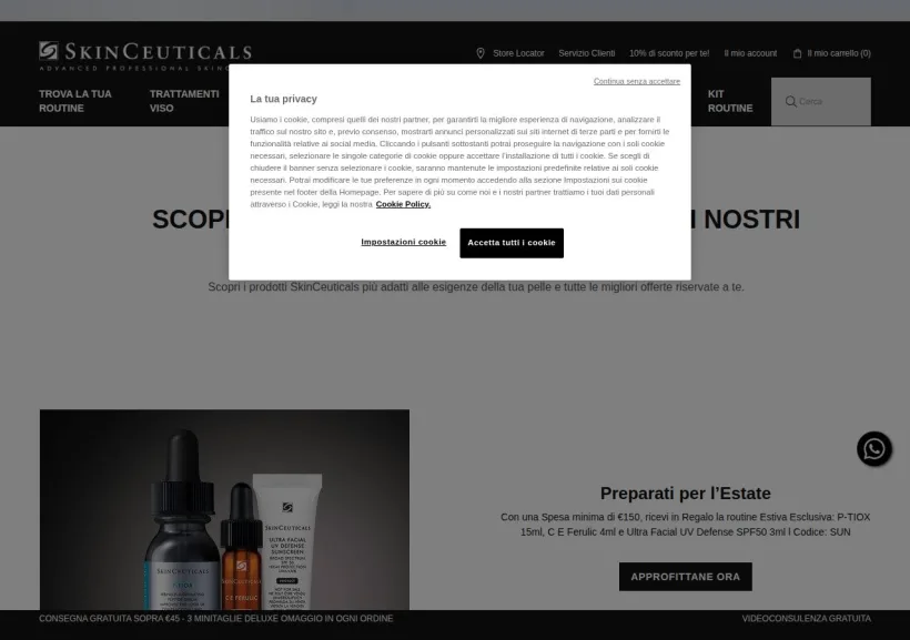Schermata della pagina offerta di Skinceuticals
