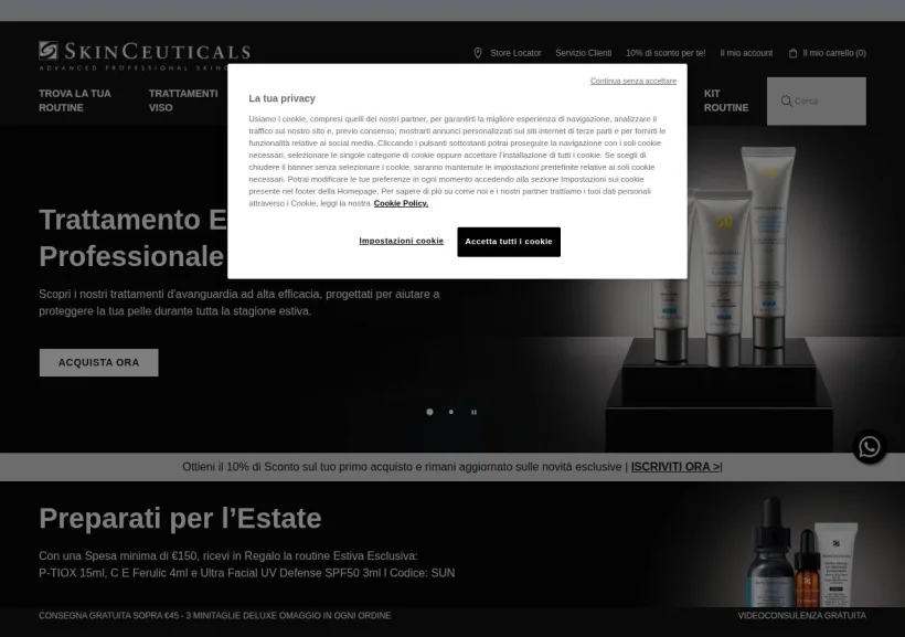Schermata della pagina offerta di Skinceuticals