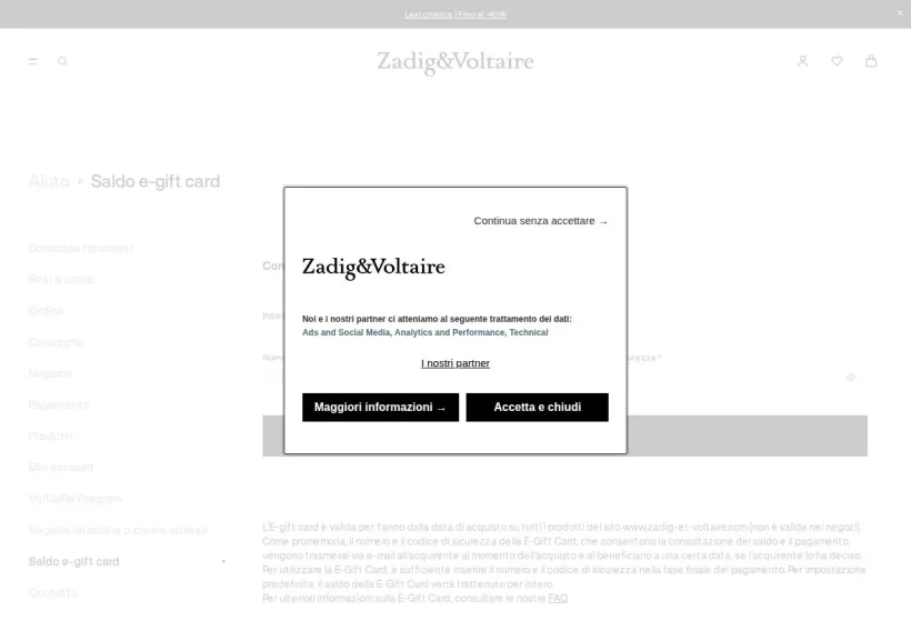 Schermata della pagina offerta di Zadig & Voltaire