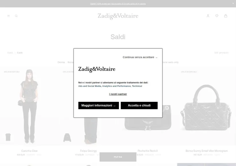 Schermata della pagina offerta di Zadig & Voltaire