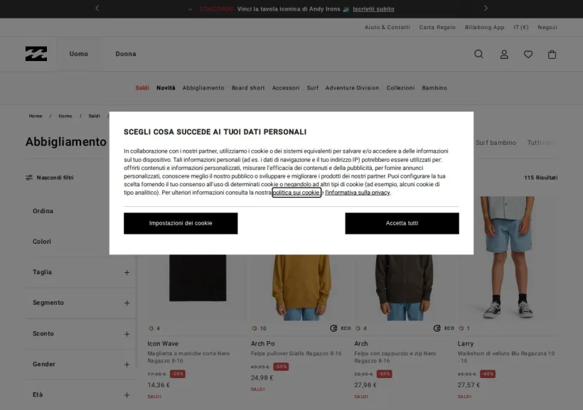 Schermata della pagina offerta di Billabong