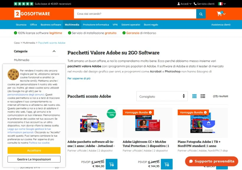 Schermata della pagina offerta di 2GO Software