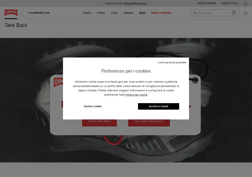 Schermata della pagina offerta di Camper