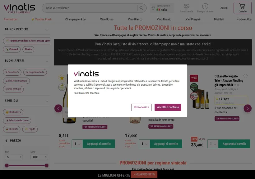 Schermata della pagina offerta di Vinatis