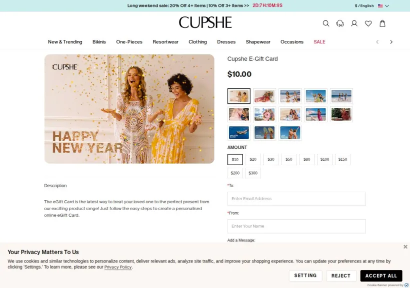 Schermata della pagina offerta di Cupshe