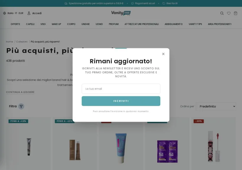 Schermata della pagina offerta di VanityStock.com