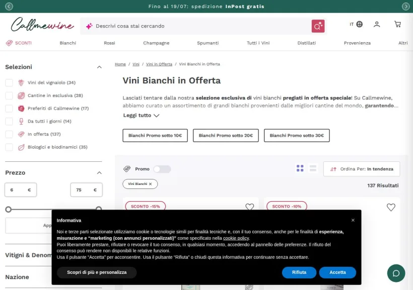 Schermata della pagina offerta di Callmewine