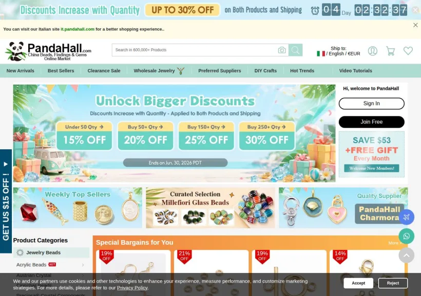 Schermata della pagina offerta di PandaHall