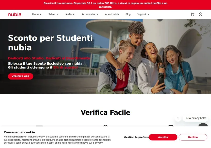 Schermata della pagina offerta di Nubia