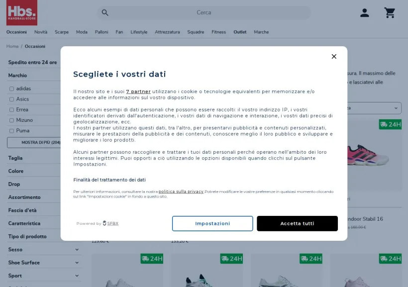 Schermata della pagina offerta di Handball-Store
