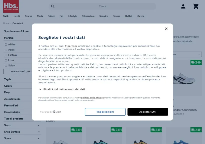 Schermata della pagina offerta di Handball-Store
