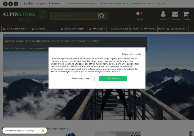 Schermata della pagina offerta di Alpinstore