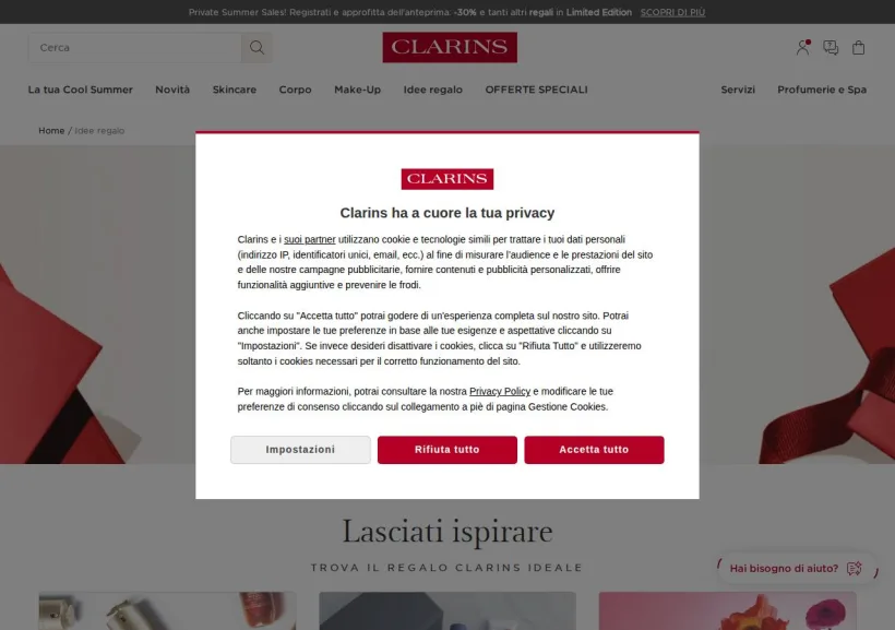 Schermata della pagina offerta di Clarins