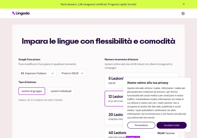 Schermata della pagina offerta di Lingoda