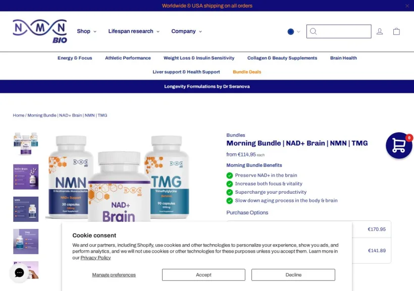 Schermata della pagina offerta di NMN Bio