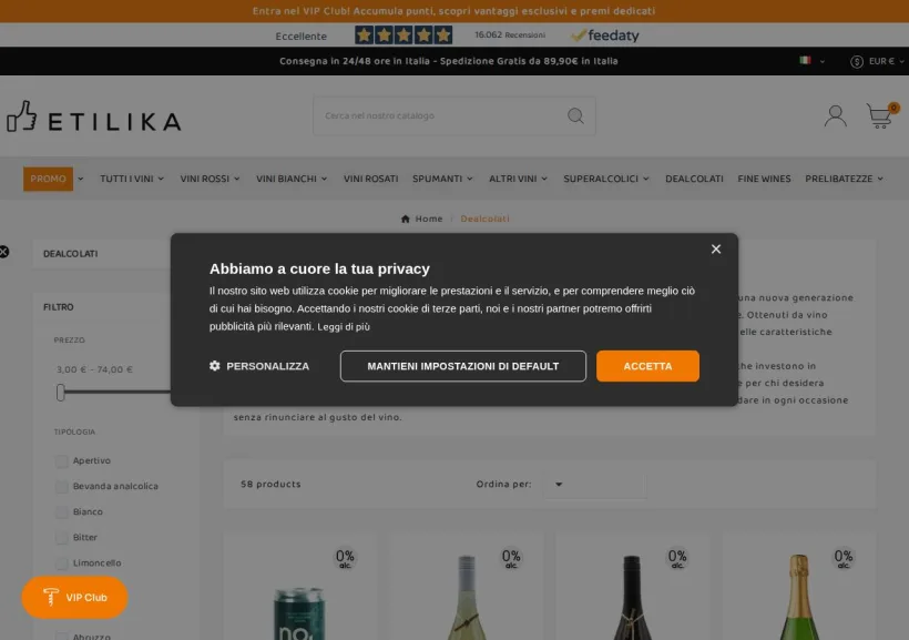 Schermata della pagina offerta di Etilika
