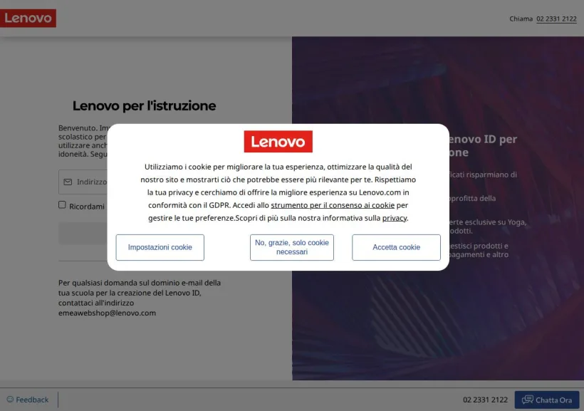 Schermata della pagina offerta di Lenovo