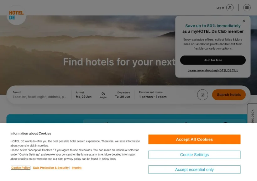Schermata della pagina offerta di Hotel Info