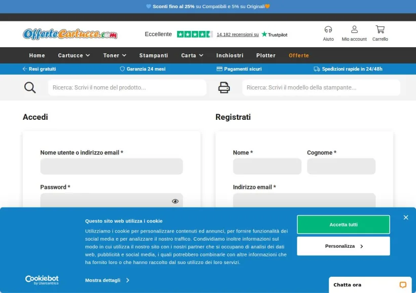 Schermata della pagina offerta di OfferteCartucce