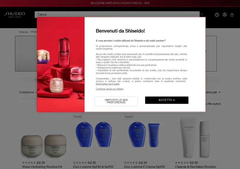 Schermata della pagina offerta di Shiseido