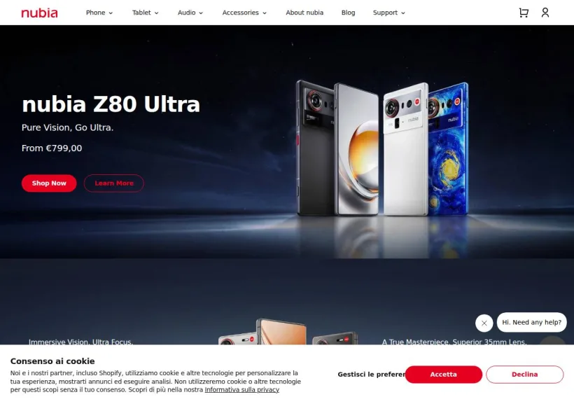 Schermata della pagina offerta di Nubia