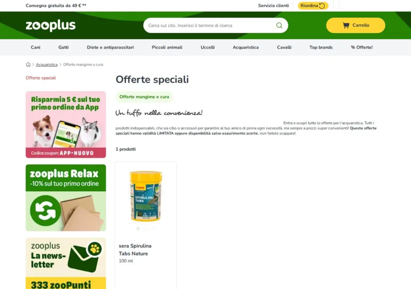 Schermata della pagina offerta di Zooplus