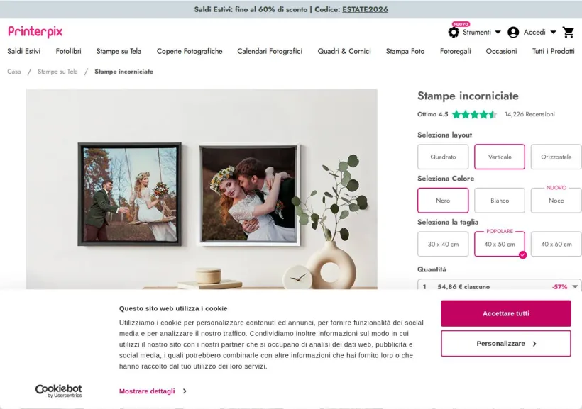 Schermata della pagina offerta di Printerpix