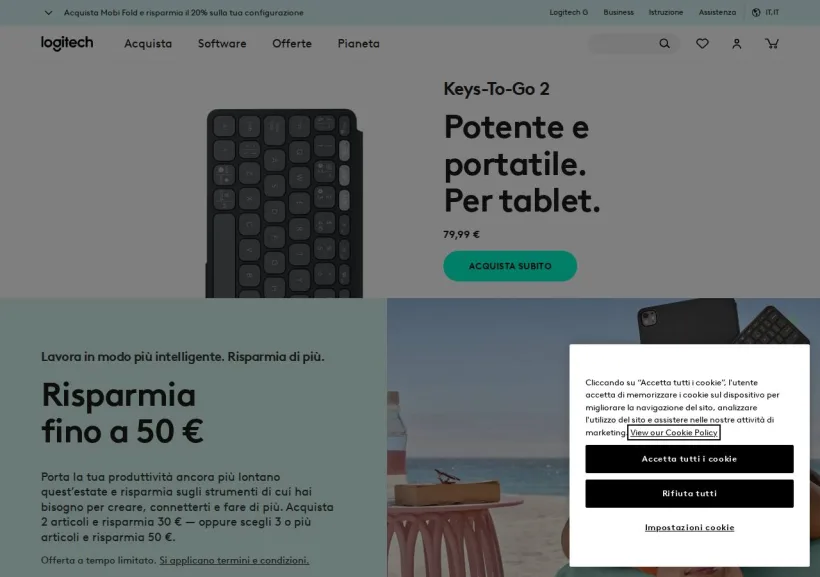 Schermata della pagina offerta di Logitech