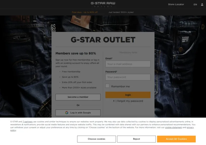Schermata della pagina offerta di G-Star