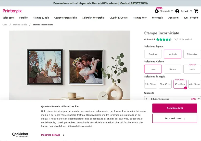 Schermata della pagina offerta di Printerpix