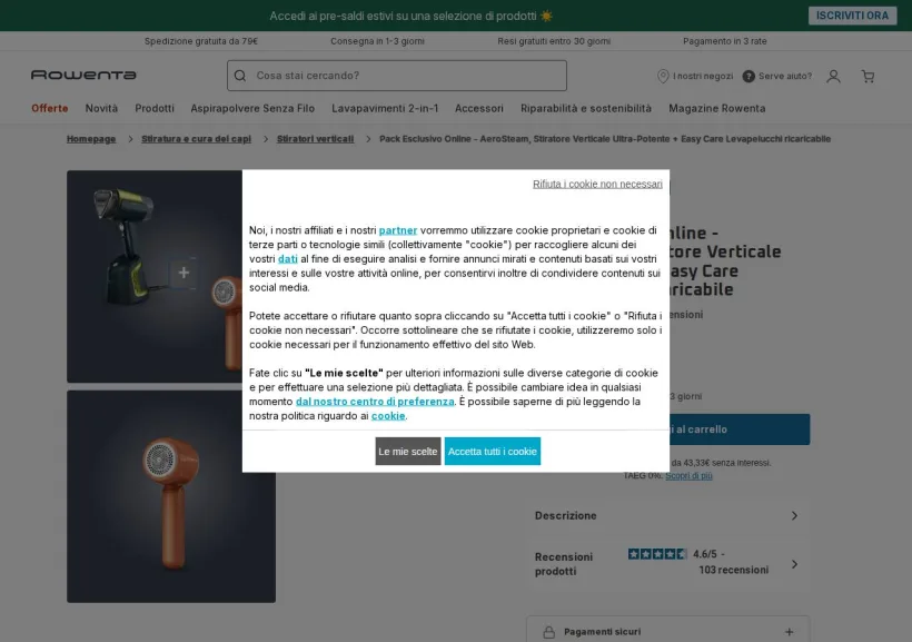 Schermata della pagina offerta di Rowenta