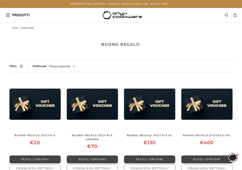 Schermata della pagina offerta di Onyx Cookware