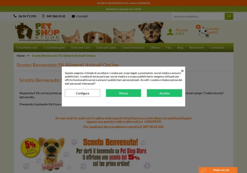 Schermata della pagina offerta di Pet Shop Store