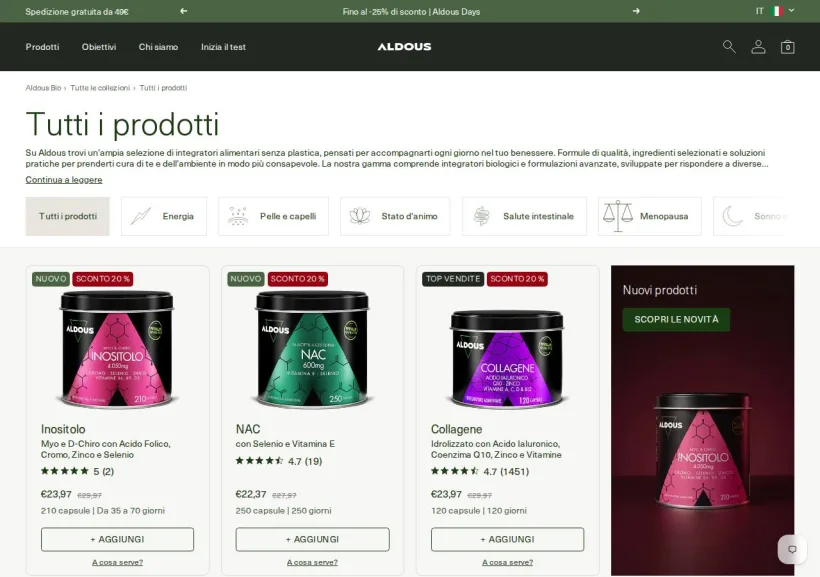 Schermata della pagina offerta di Aldous Bio