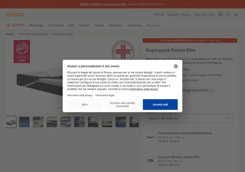 Schermata della pagina offerta di Emma Mattress
