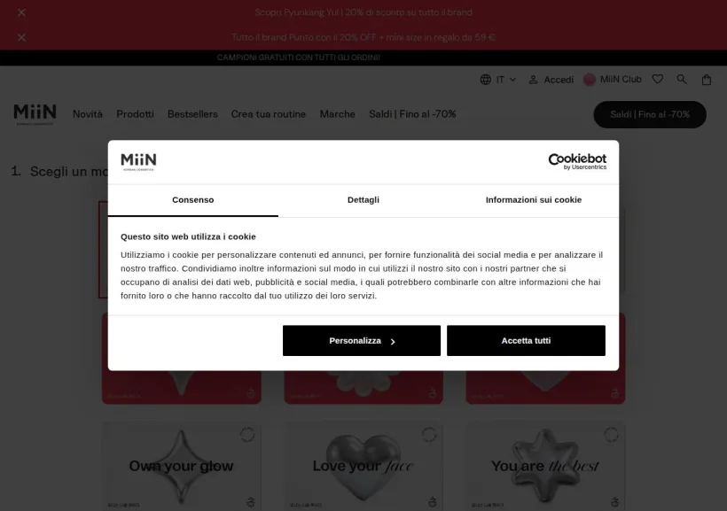 Schermata della pagina offerta di Miin Cosmetics