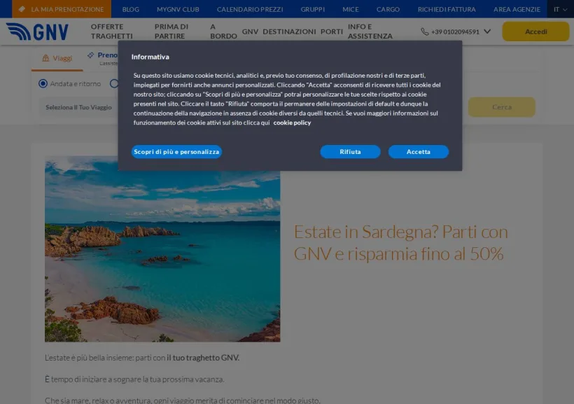 Schermata della pagina offerta di Grandi Navi Veloci